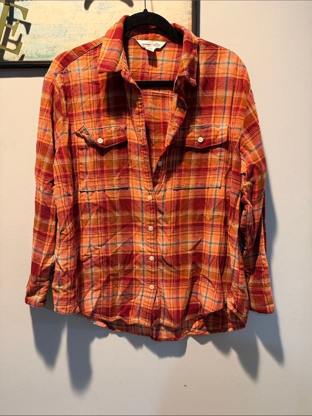 Old Navy The Boyfriend Shirt Flannel Plaid Cotton Button Down Orange & Red Large